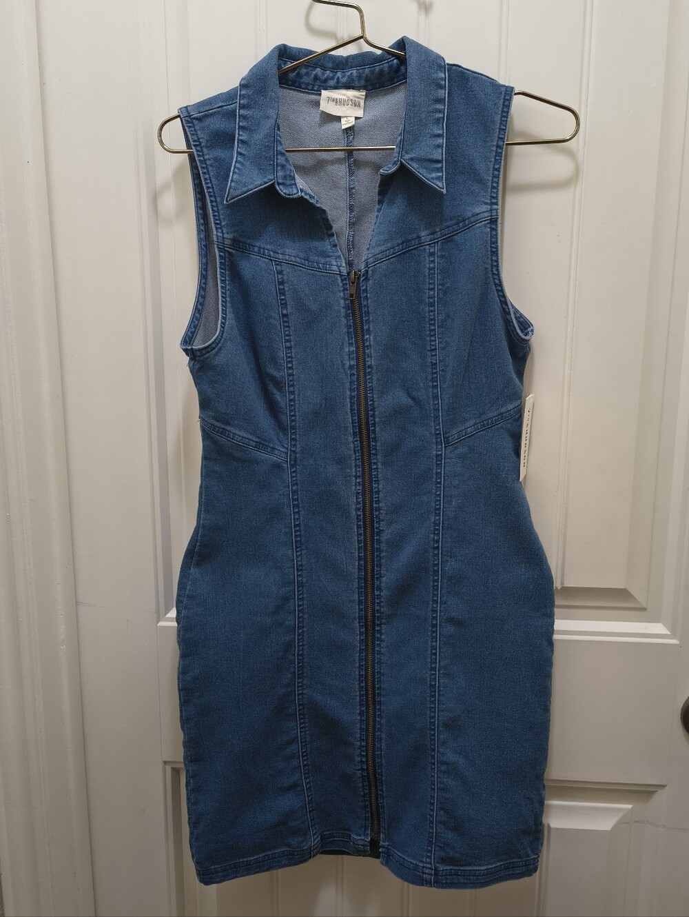 7th & Hudson Denim Mini Dress Womens L Sleeveless Zip Front Y2K Bodycon Jean NWT